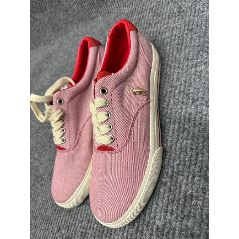 Polo Ralph Lauren Pink Seersucker‎ Canvas Low Top Sneakers Red Trim Mens 10.5
